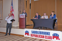 The Senatorial candidates were introduced to the SaddleBrooke Republican Club members.