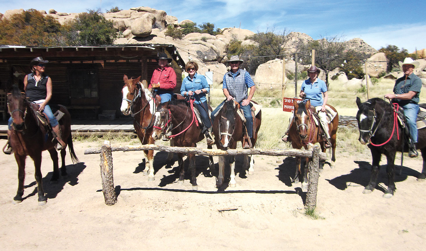 Left to right: Mary Theis, Paul Bailey, Lee Rinke, Doug Rinke, Rebecca Williams and Don Williams at Triangle T Ranch in Dragoon.