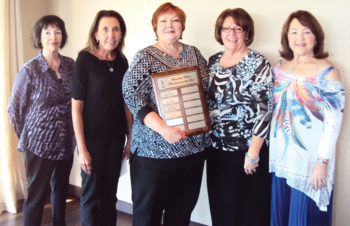 Left to right: Karen Gressingh, third lowest average; Mary Tiemann, Best Attendance; Mary Schlachter, Roadrunner Award; Nancy Galant, most holes in one for fulltime resident and second lowest average; Alyce Grover, most holes in one for a part-time resident. Photo by Deb Lawson