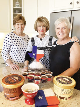 Left to right: Janelle Authur, Judy Dodson and Linda Zoellner co-hosted the Texas Club event, “Bluebonnets and Blue Bell,” along with husbands Bob, Jerry and Tony.