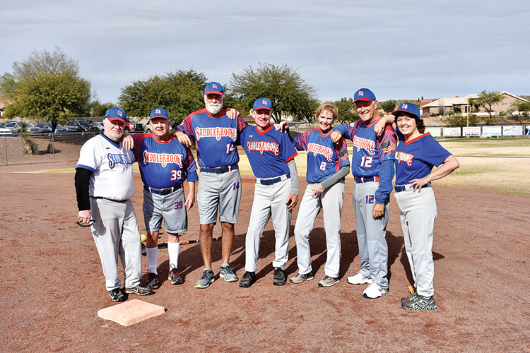 Ranch senior softball players (from left): Charlie Scott, Jef Farland, Terry Hurley, David St. Jules, Mary Schneck, Charles Hendryx, Barb St. Jules; Not pictured: Steve Schneck, John Shaughnessy, Terry Mihora, Janice Mihora, Jeff Stolze, Hugh Parker, and Rick Hanson; photo by Dennis Purcell