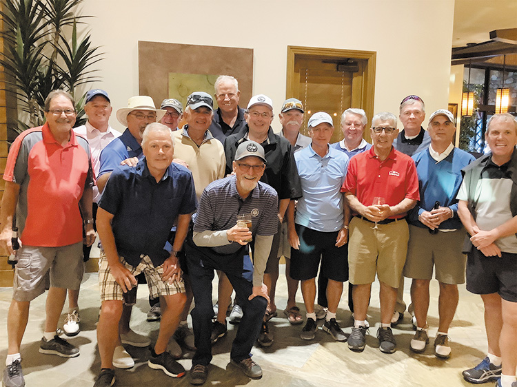 The Unit 8A Rick Dahlin Memorial Golf Tournament participants: (front, left to right): John Whitehead and Clarke Latimer; middle: Bob Townsend, Dave Blaess, Sam Calbone, Tim Pooler, Tom Tossey, Ernie Needed, Bill Oprish, and Karl Knight; back: Stan Doepke, Rick Weiland, Rich Osterlund, Frank Sherfy, Roy Thompson, and Bob Authur