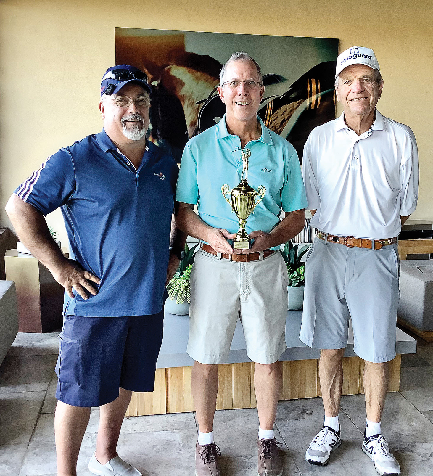 The winning team for the 2020 Unit 8A Rick Dahlin Memorial Tournament, at nine-under par, just one stroke better than the second place team, was: (left to right) Dave Blaess, Guy Shelton, and Brian Cowman.