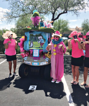 First place cart decorators, Bow Wow Babes: Lee Rinke, Toni Graves, Lorraine Smith, Terri Movius, Mindy Hawkins, Barb Simms, and Lynn Fidler